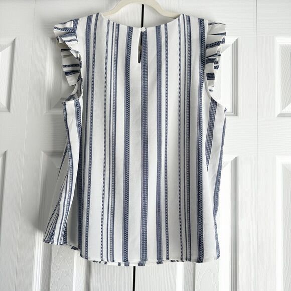 Monteau Sleeveless Blouse Size XL Blue White Stripe Flutter Sleeves - Picture 2 of 10